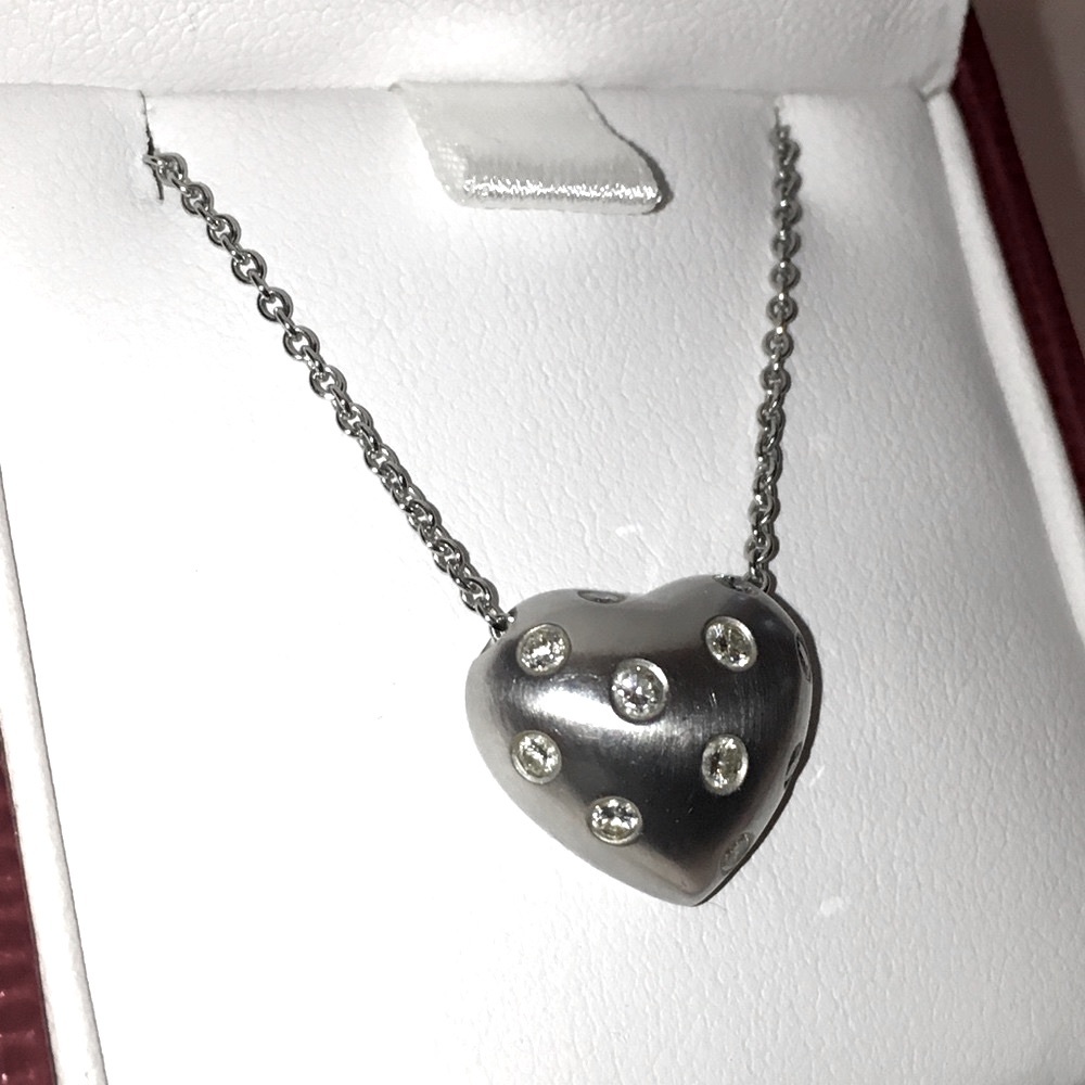 Solid Stamped 14K White Gold Natural Diamond Chunky Heart Pendant Necklace